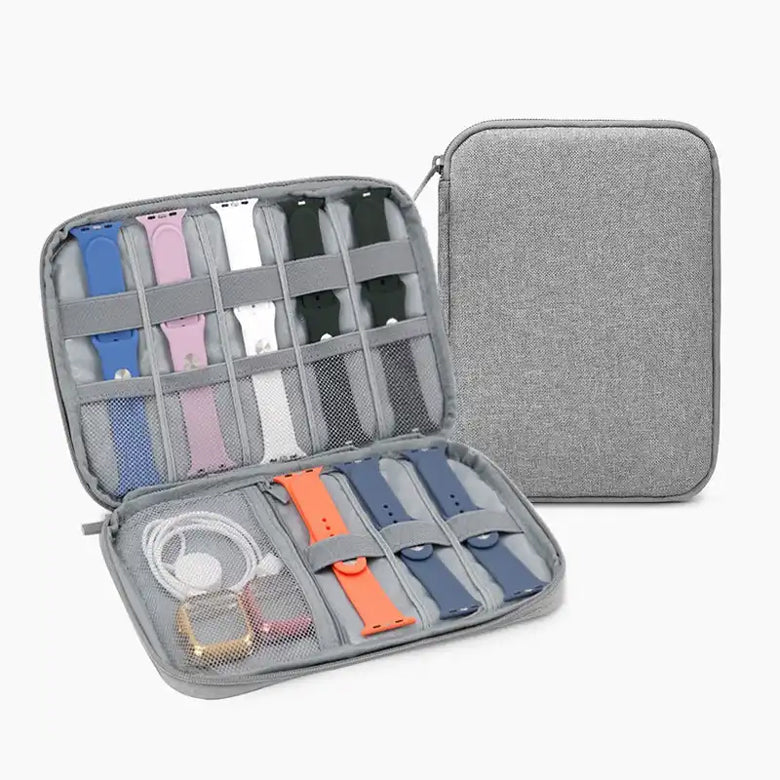 two grey organizers for straps and accessories bands charger wire