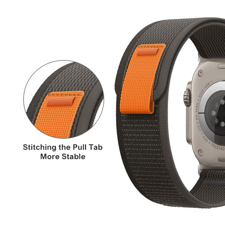 Nylon Trail Loop band for Apple Watch dark gray and orange back stitching the pull tab more stable