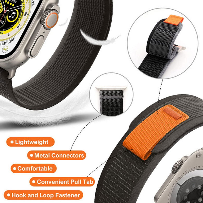 Nylon Trail Loop band for Apple Watch dark gray and orange feather back