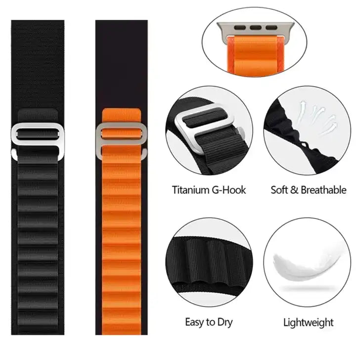 Nylon Alpine Loop band for Apple Watch black orange full size advantages