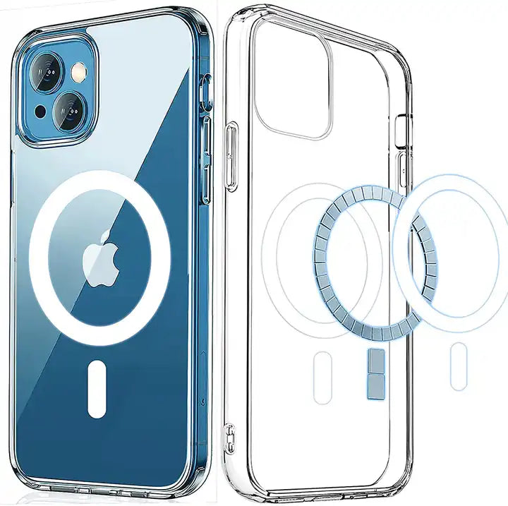 two silicone transparent iPhone case with MagSafe white background blue phone