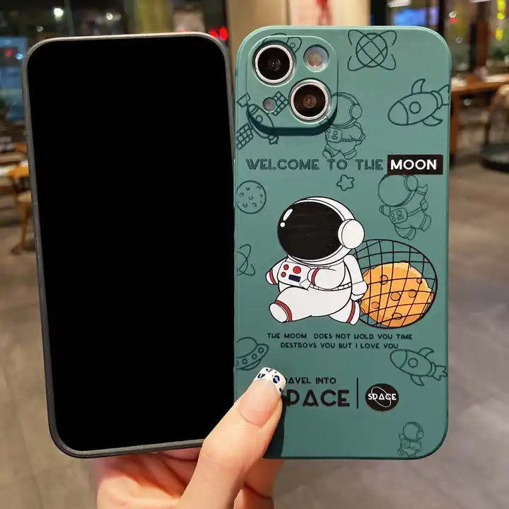 Astronaut on the Moon iPhone two case green basketball moon in hand front back side welcome to the space travel into space