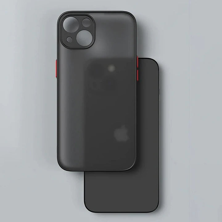 Shockproof iPhone case two grey with red button two cases on the phones on the table