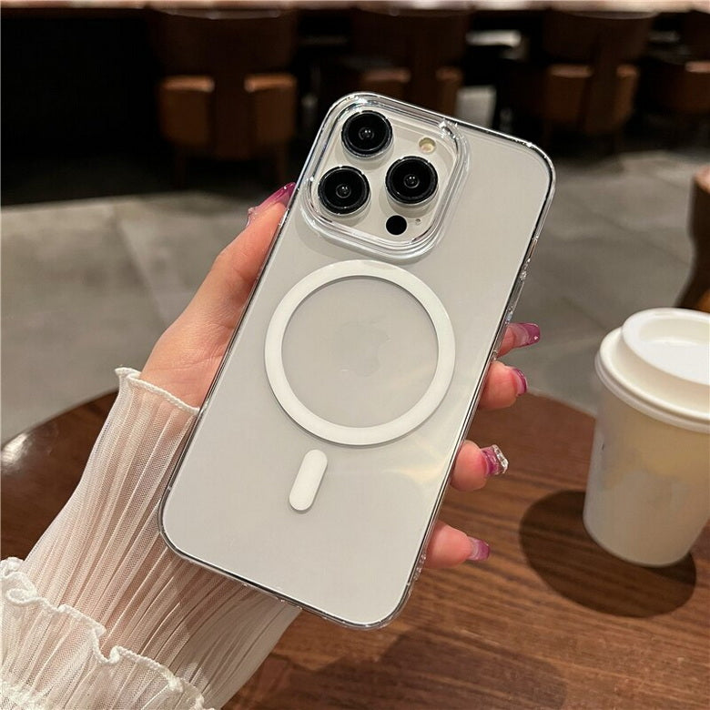 Silicone transparent iPhone case with MagSafe white phone with case back in hand table cup background