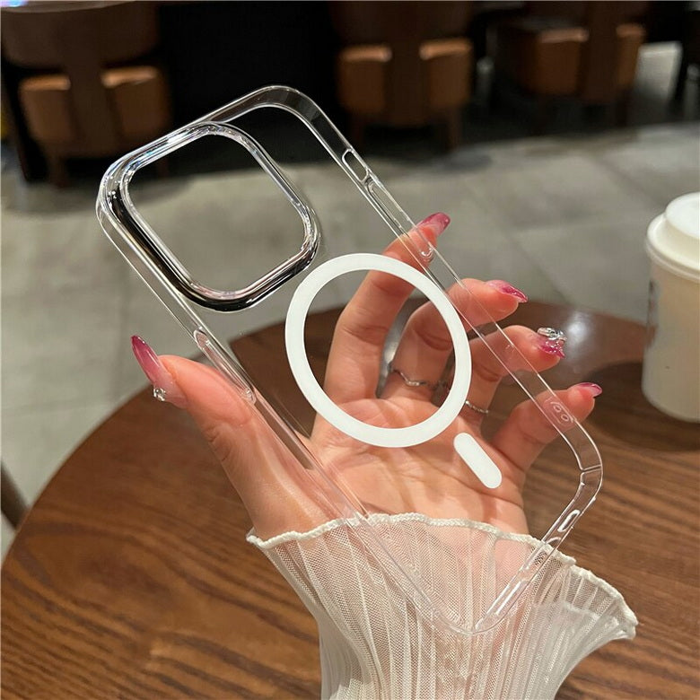 Silicone transparent iPhone case with MagSafe in hand back table cup background