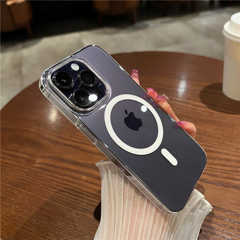Silicone transparent iPhone case with MagSafe dark grey phone with case in hand table cup background